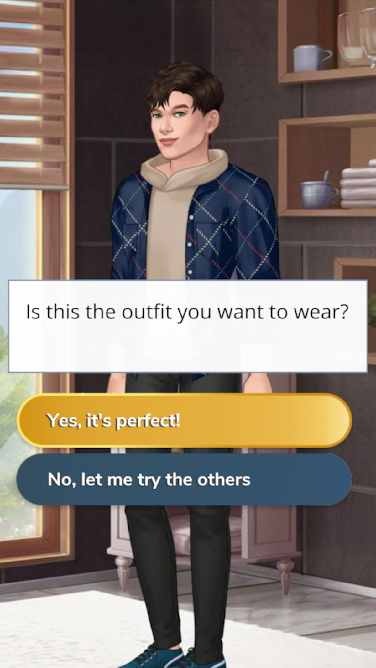 An in-game screenshot from the mobile game ‘Secrets by Episode,’ featuring a man with fashion customization options. There is a text bubble that reads: “Is this the outfit you want to wear?” and two options underneath: “Yes, it’s perfect!” and “No, let me try the others.”