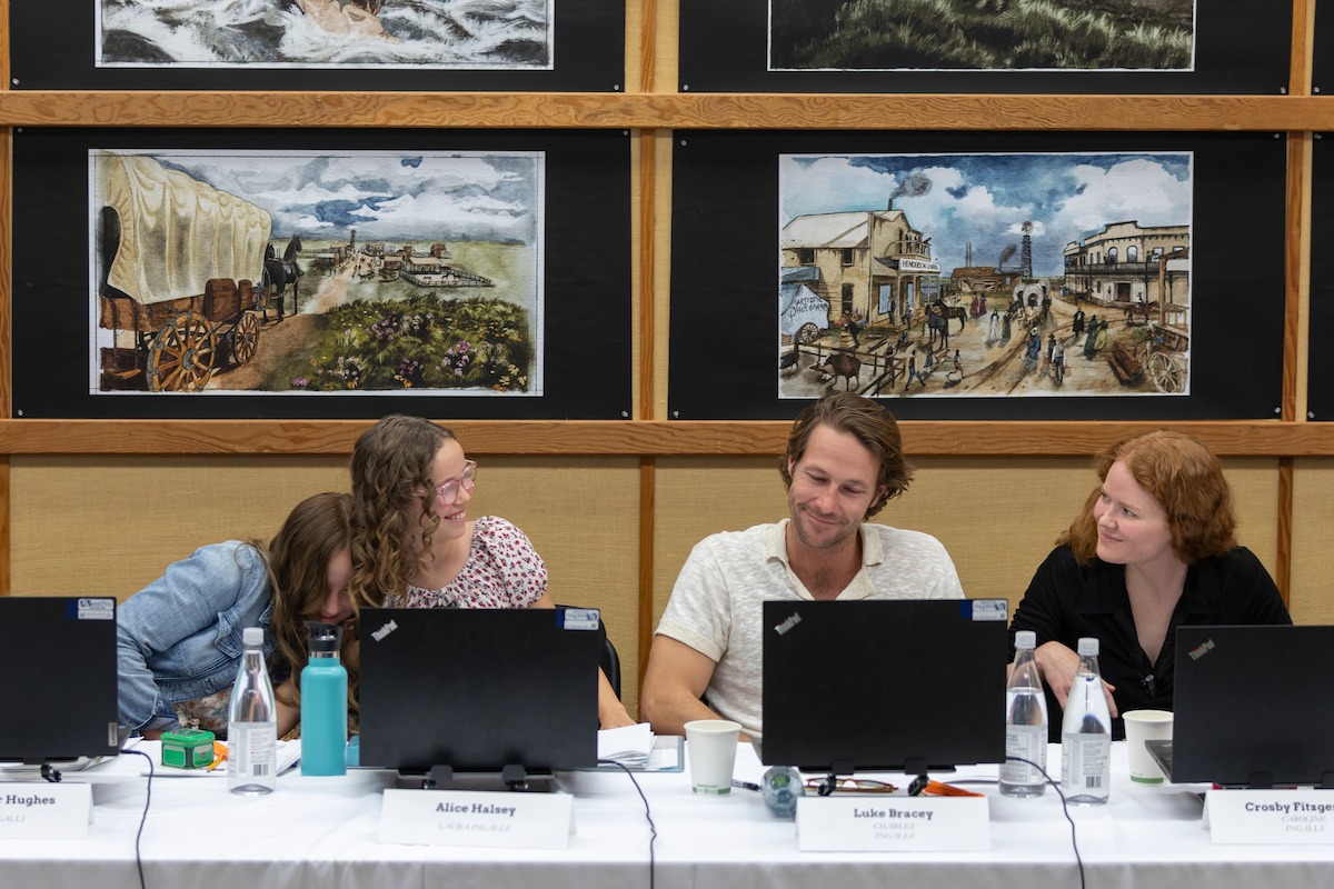 Skywalker Hughes as Mary Ingalls, Alice Halsey as Laura Ingalls, Luke Bracey as Charles Ingalls, Crosby Fitzgerald as Caroline Ingalls at the table read of ‘Little House on the Prairie’