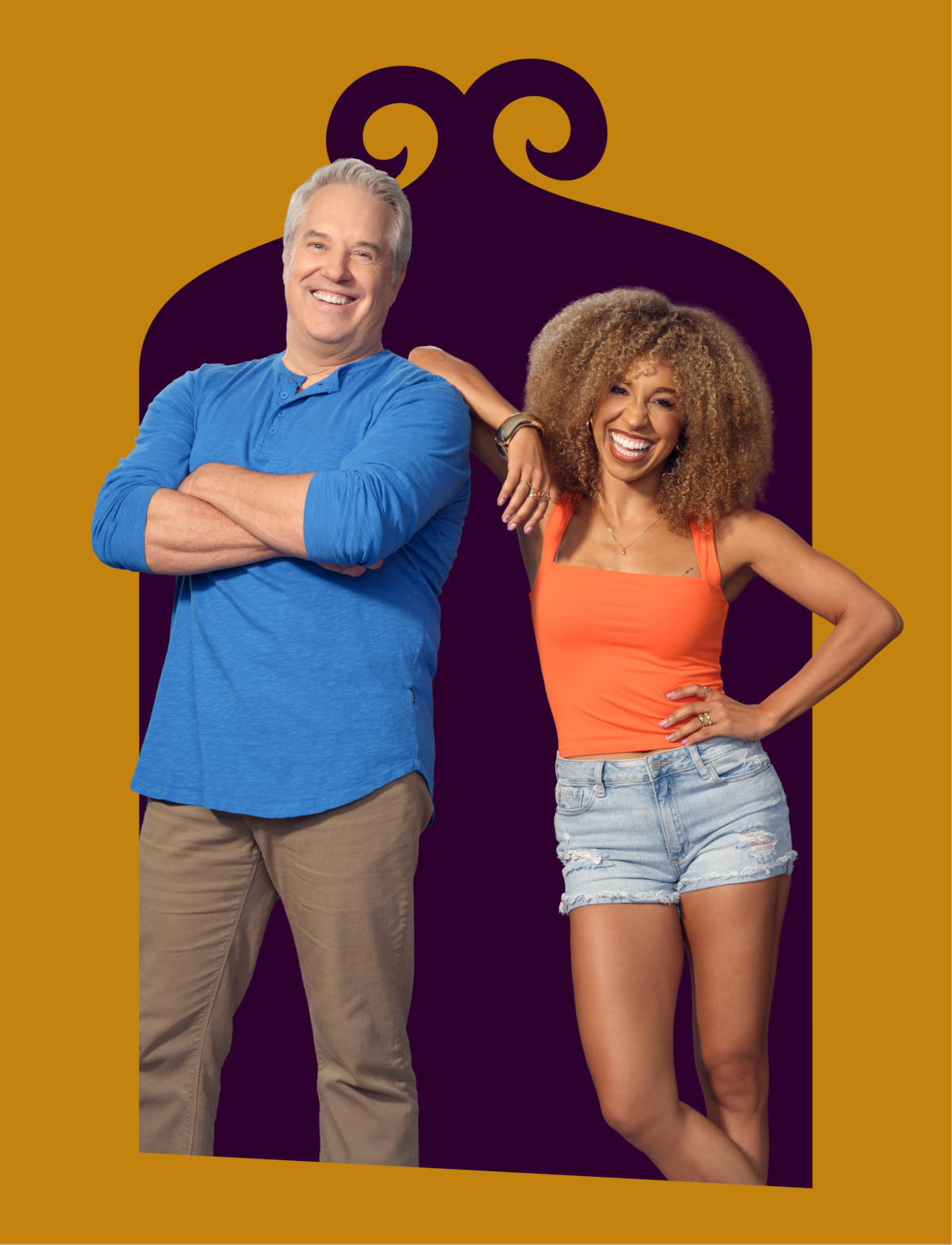 Man in blue shirt and tan pants stands smiling with arms crossed next to a woman in an orange tank top and denim shorts, both posing playfully in front of a graphic archway with a gold background.