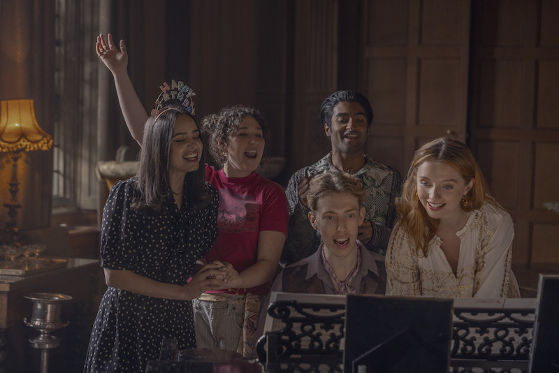 Sofia Carson as Anna, Esmé Kingdom as Maggie, Harry Trevaldwyn as Charlie, Nikhil Parmar as Tom, and Poppy Gilbert as Cecelia in 'My Oxford Year'.