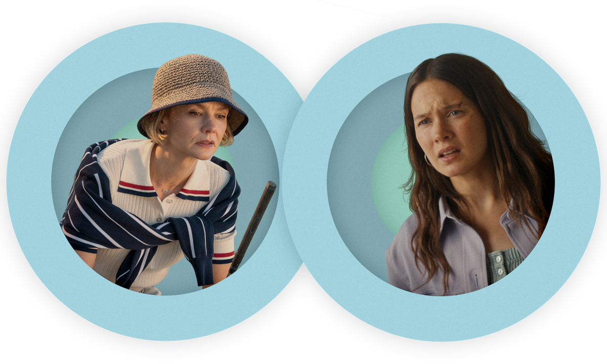 A spot photo illustration of Carey Mulligan as Lindsay dressed in her finest golf outfit butting up against a photo illustration of Cailee Spaeny as Ashley wearing a purple jacket with a look of distress and cuts on her face in BEEF Season 2.