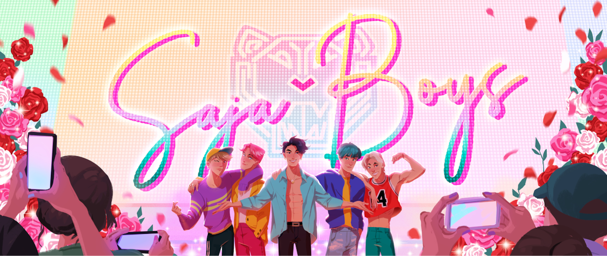 Five animated boys posing on stage in colorful outfits, surrounded by fans taking photos on phones, with a vibrant floral background and large "Saja Boys" text on a lit sign behind them.