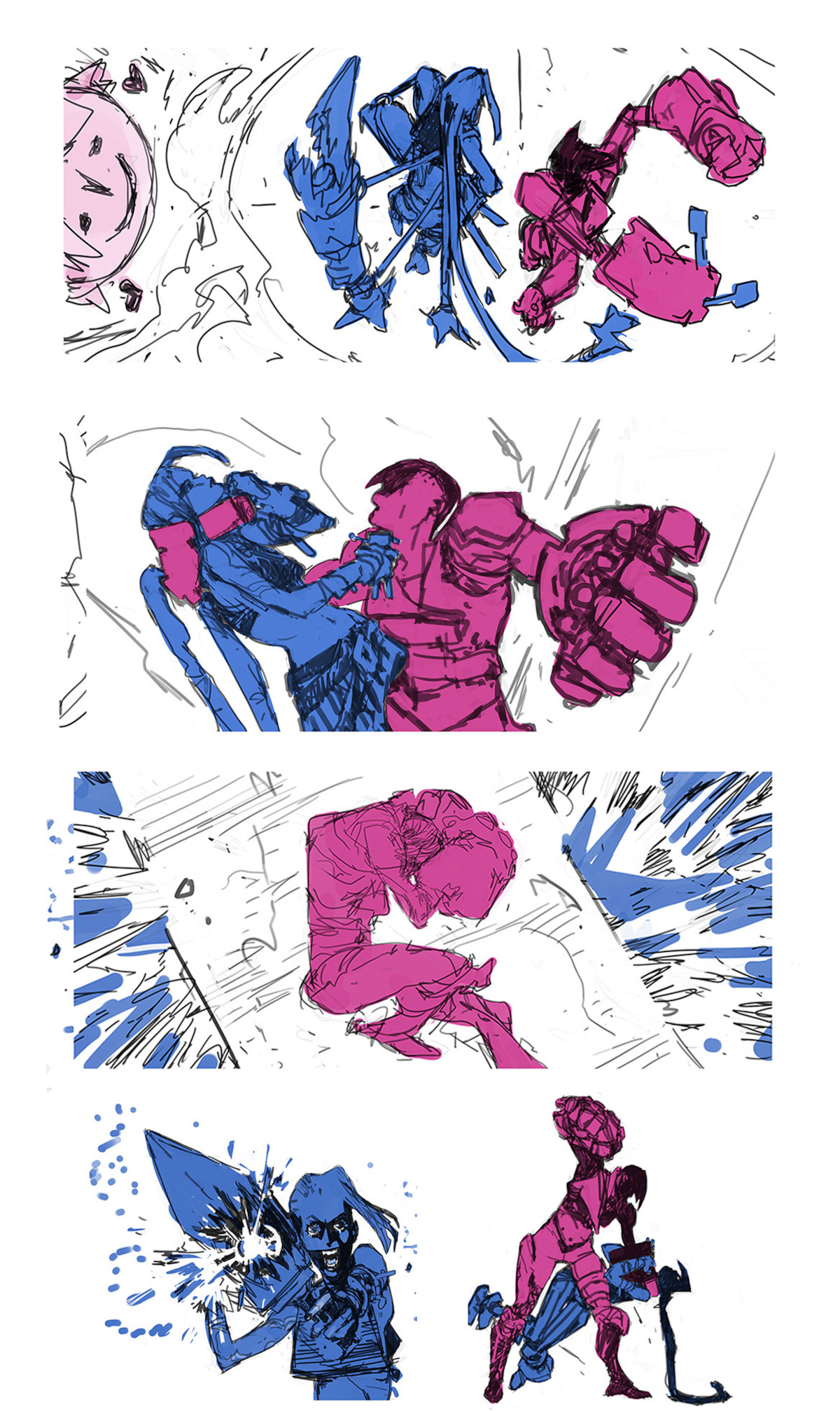 Comic book style sketch of ‘ARCANE’ characters Jinx and Vi in their battle scene.