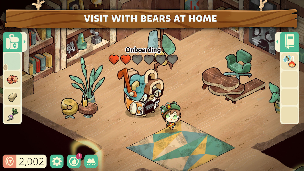 Animated cabin interior of the game ‘Cozy Grove: Camp Spirit’