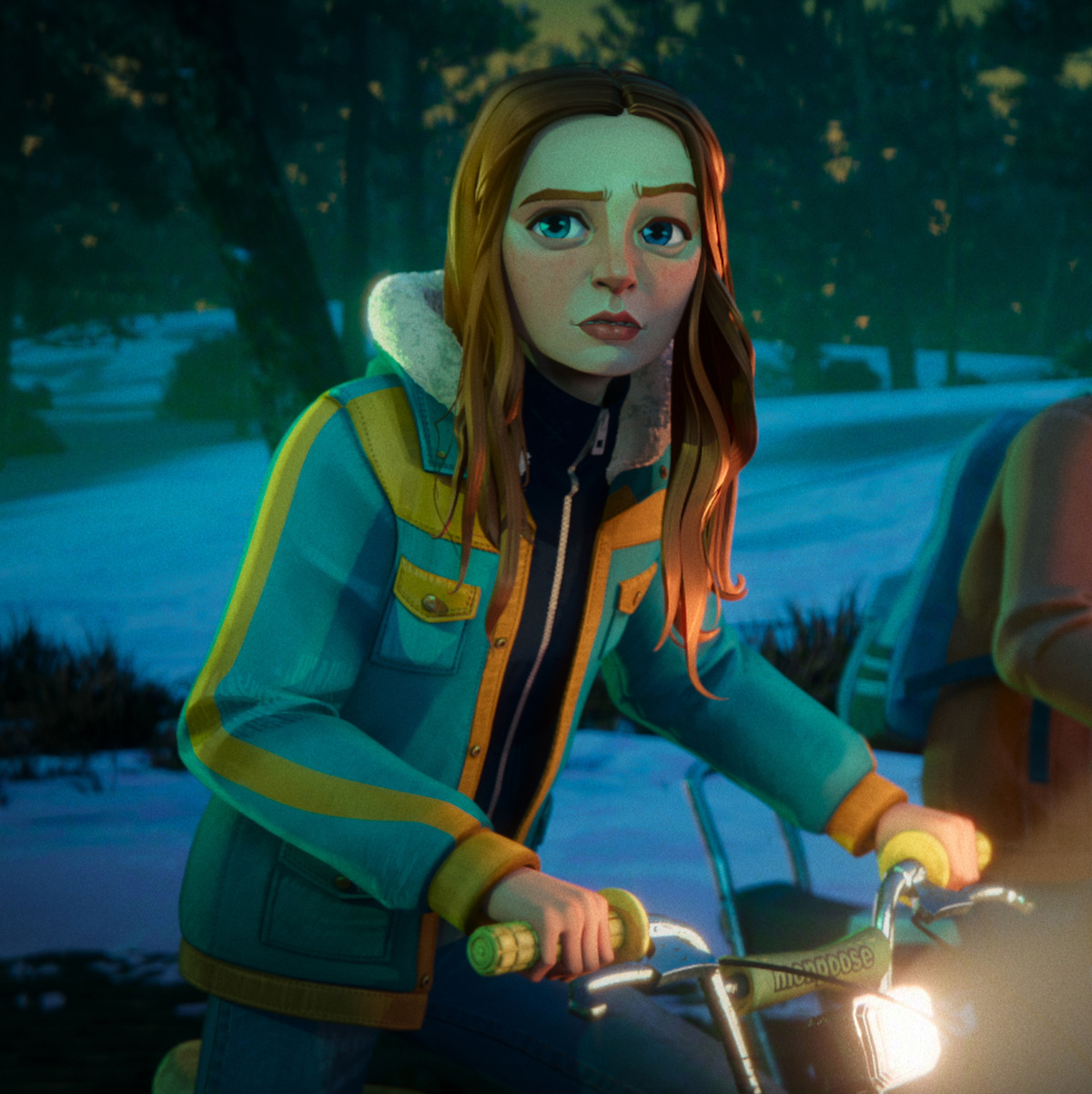 Animated girl in a teal and yellow jacket rides a bicycle at dusk in a snowy, forested outdoor setting, looking concerned.