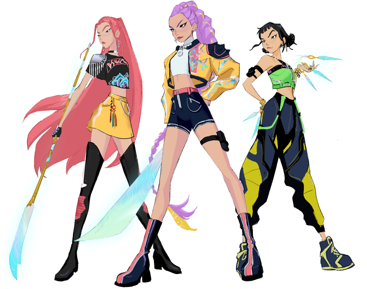Sketch of Mira, Rumi, and Zoey from 'KPop Demon Hunters' with futuristic weapons and colorful, modern outfits stand together in a dynamic pose against a white background.