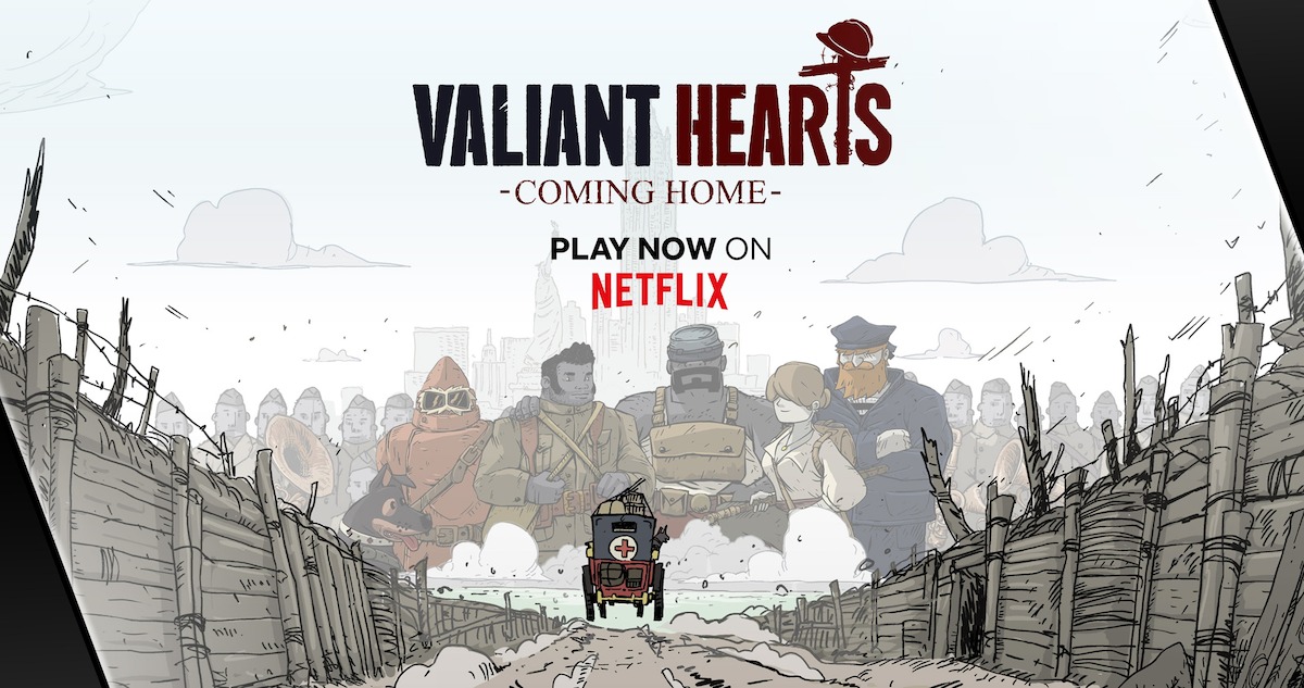 Valiant Hearts: Coming Home key art - a jeep driving down a road.