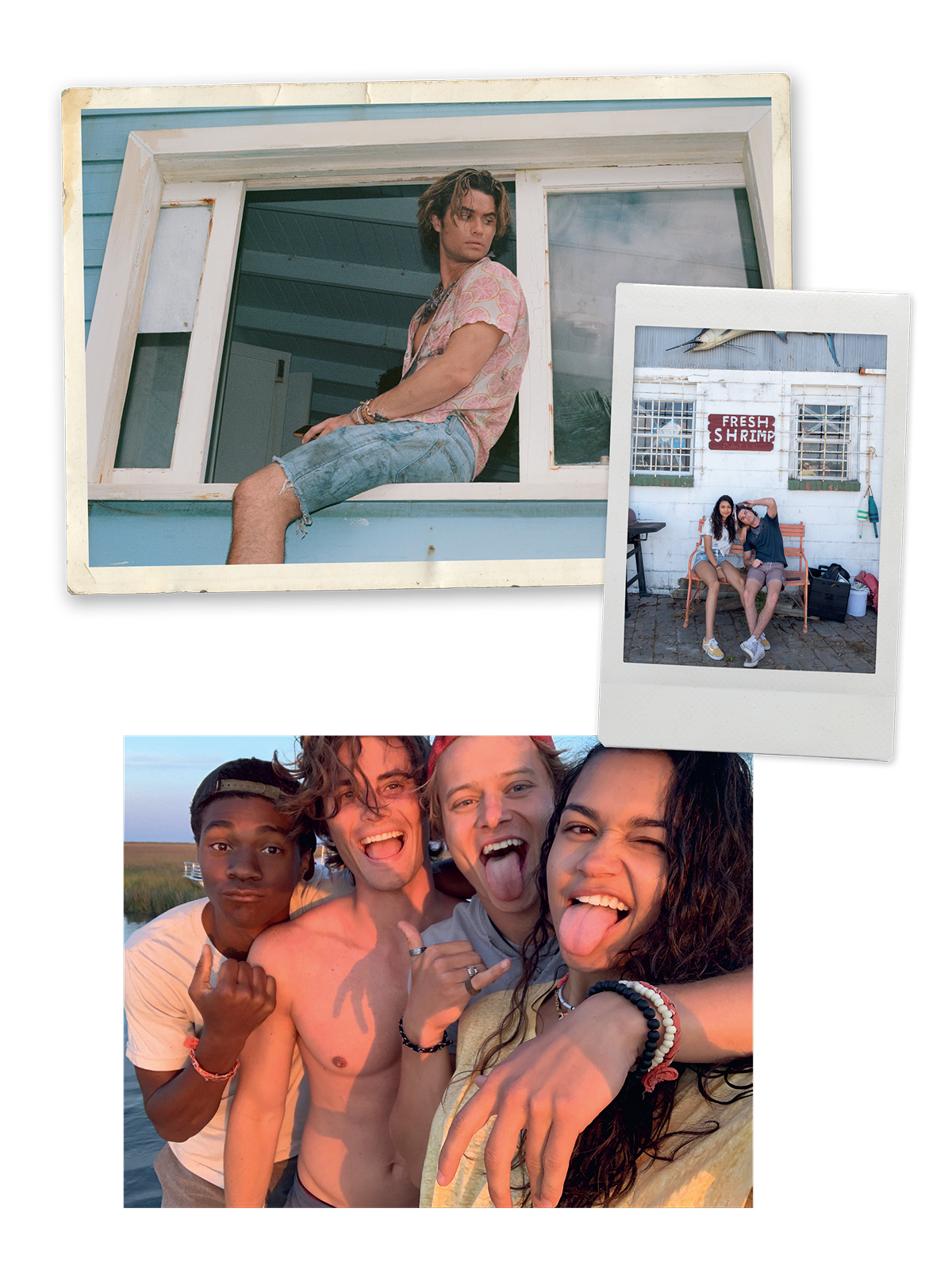 Collage of friends hanging out: one person sitting in a window frame, two friends sitting on a porch in front of a shop, and a group of four friends smiling and taking a selfie outdoors at sunset.