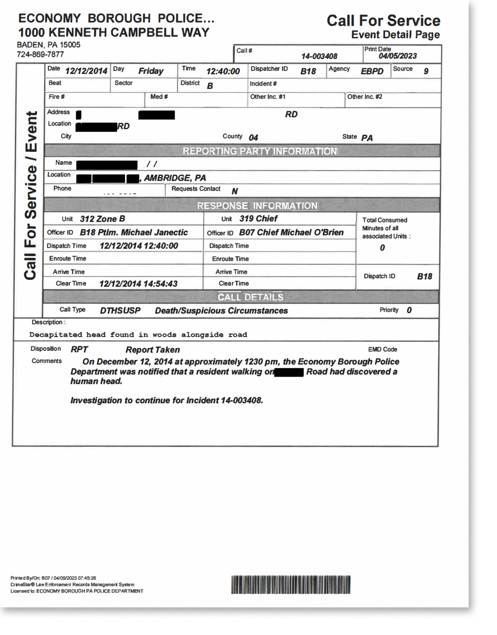 Economy Borough Police Report