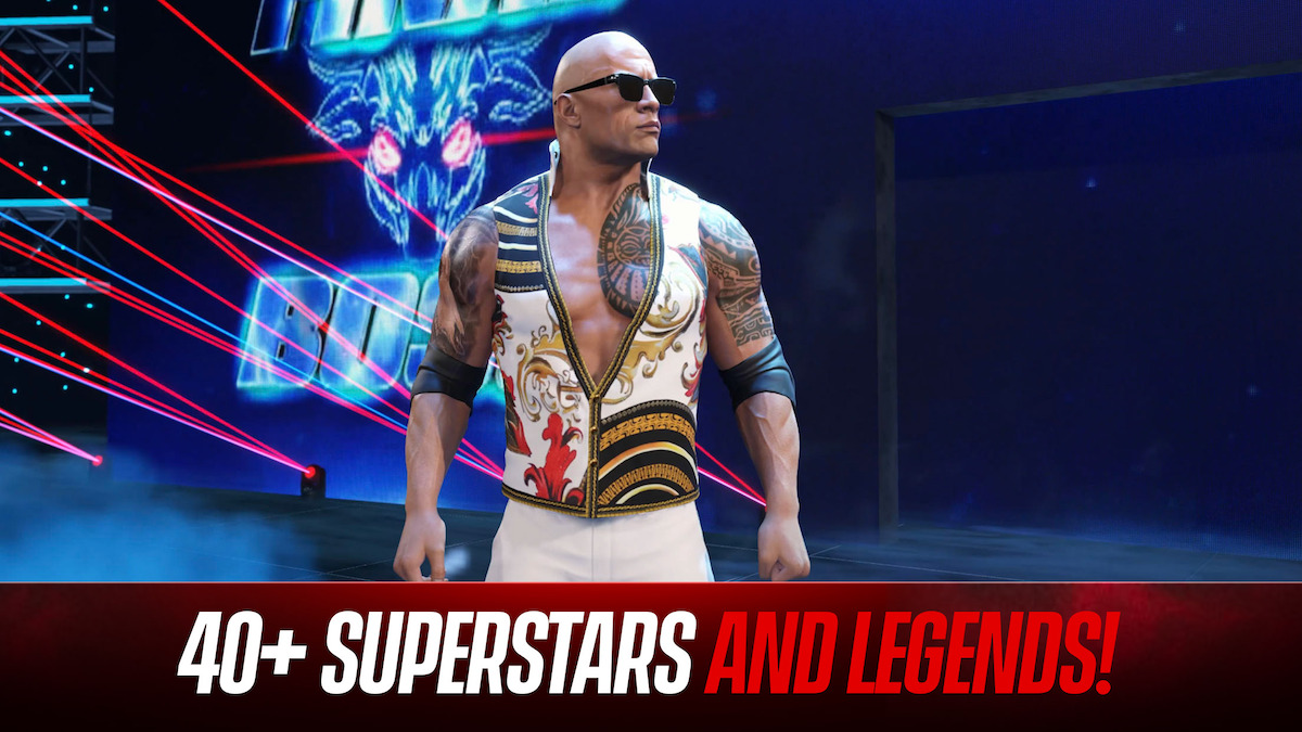 A muscular wrestler wearing shades and posing in the game WWE 2K25: Netflix Edition.