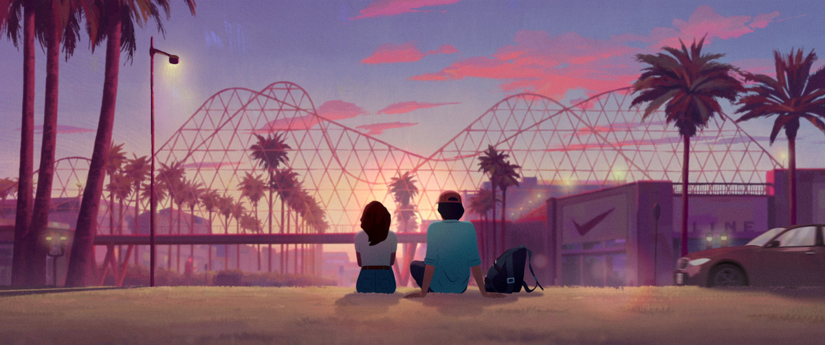 Two people sit on grass at sunset, facing a roller coaster and palm trees in a cityscape. A backpack, buildings, and a car are nearby, with a pink and purple sky creating a calm, dreamy atmosphere.