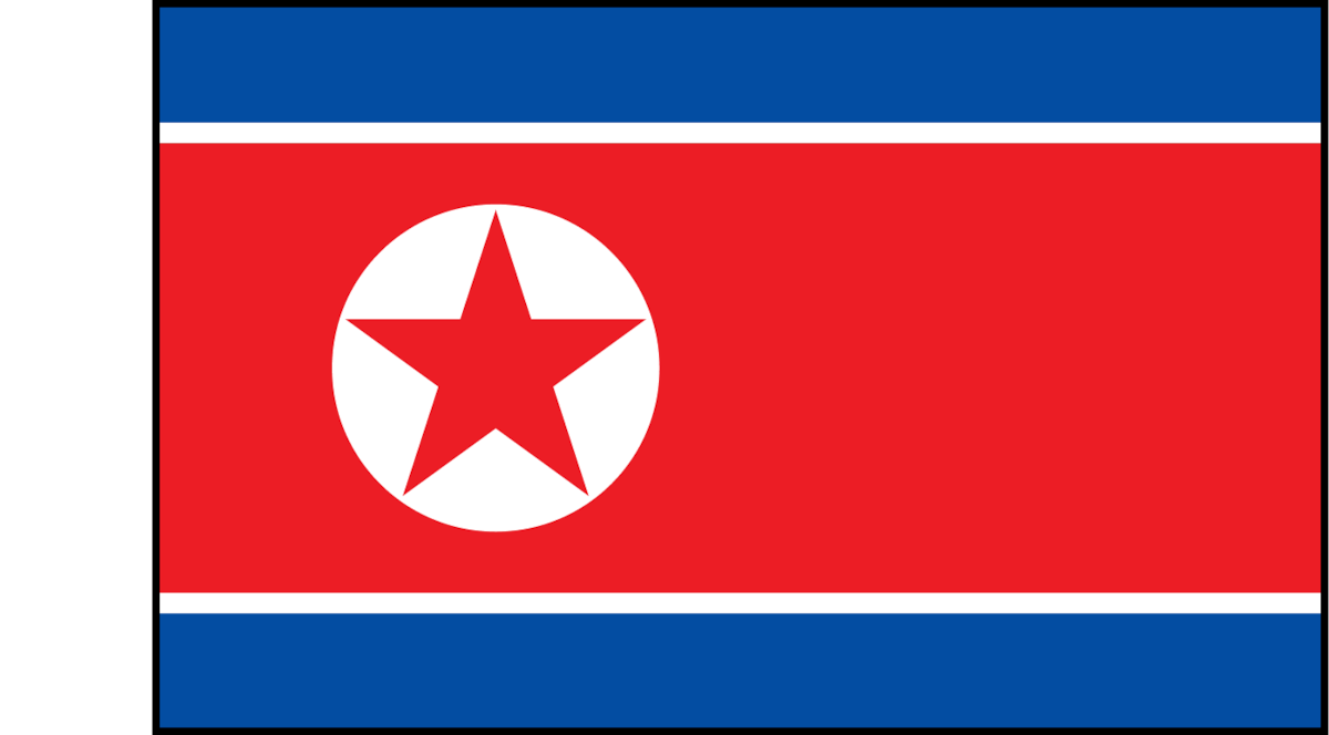 Flag of North Korea featuring a red star in a white circle, red background with blue and white borders, horizontal layout, symbolizing the national emblem and identity.