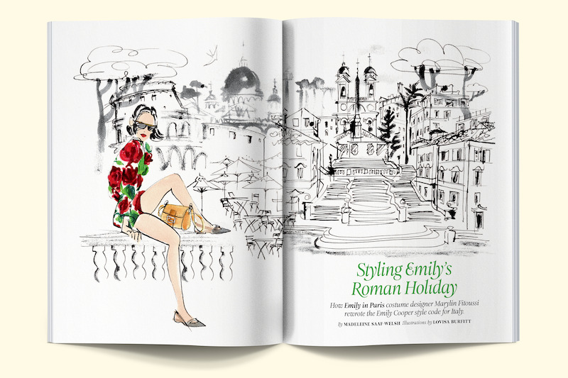 Illustrated spread on Emily in Paris costumes