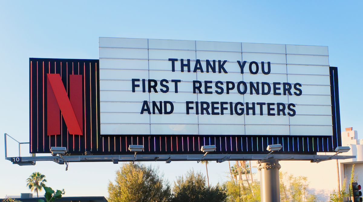 Sunset Blvd Billboard thanking firefighters and first responders. ‘Thank you first responders and firefighters’