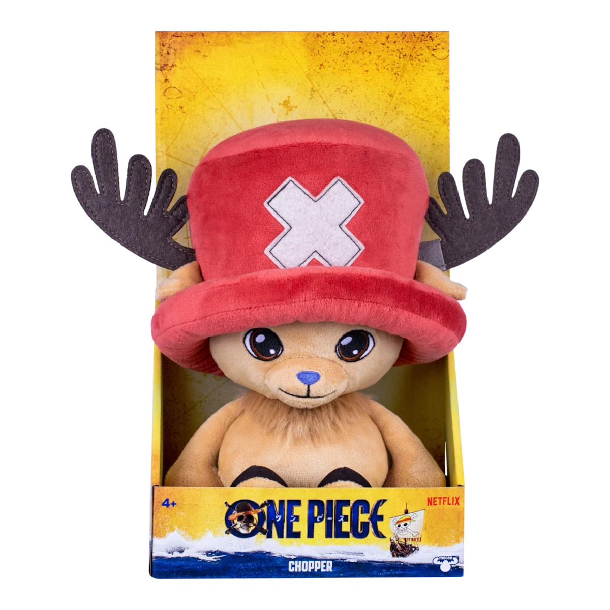 Plush toy of Chopper from One Piece with a red hat and antlers, displayed in a yellow retail box featuring Netflix and One Piece branding.