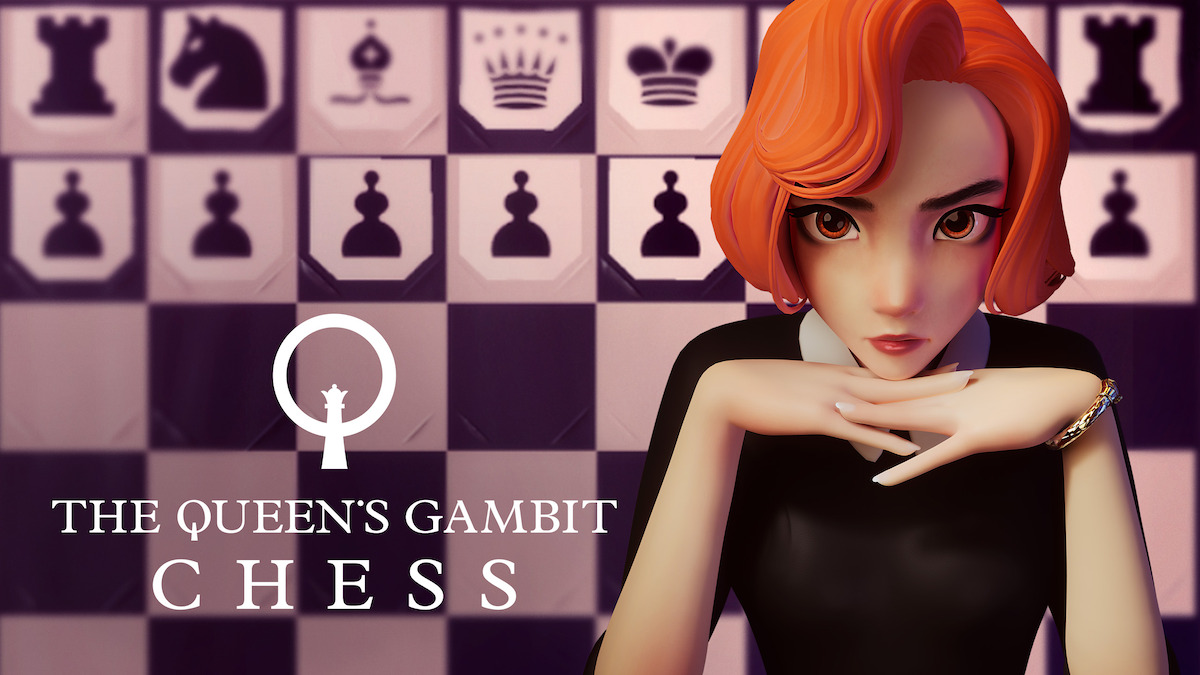 The Queen's Gambit Chess key art - Beth looks at you superimposed on a chessboard.