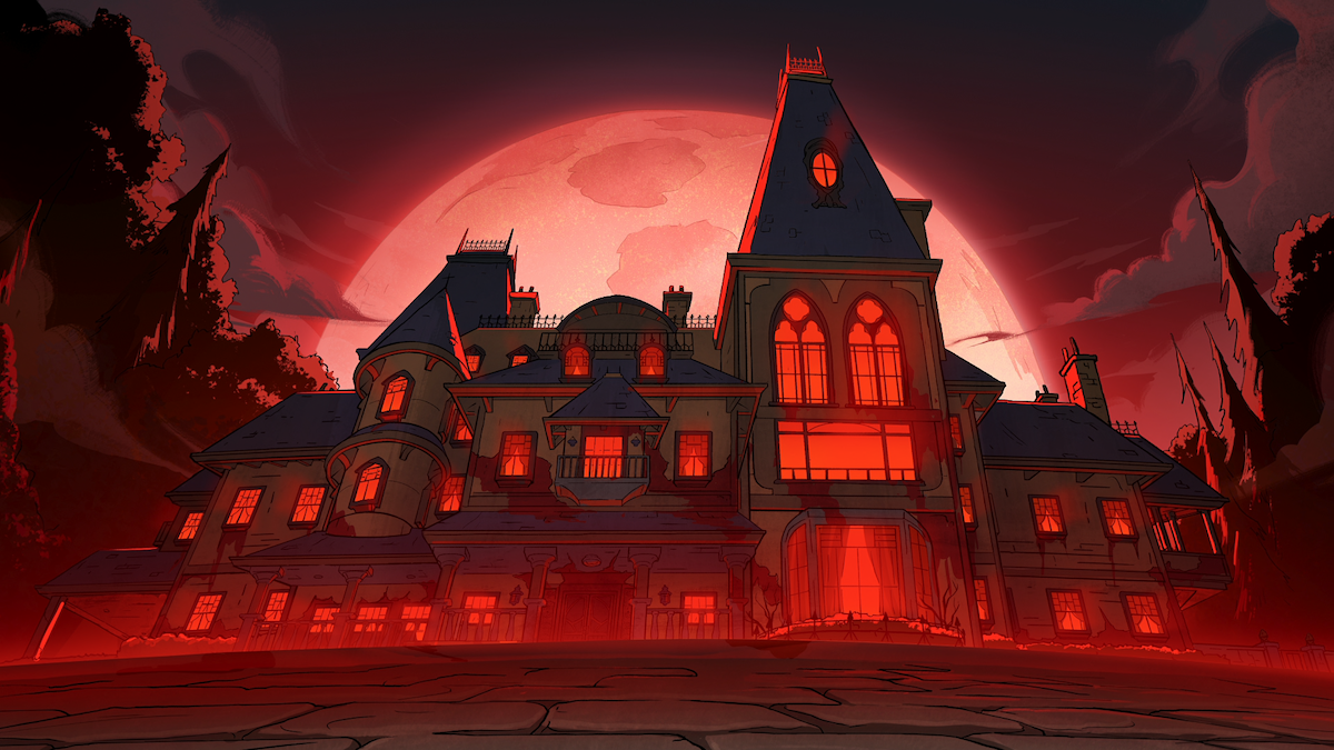 A large, eerie mansion with many windows and spires, glowing red under a full moon in a dark, ominous landscape with dramatic shadows and mist, creating a haunted and mysterious atmosphere.