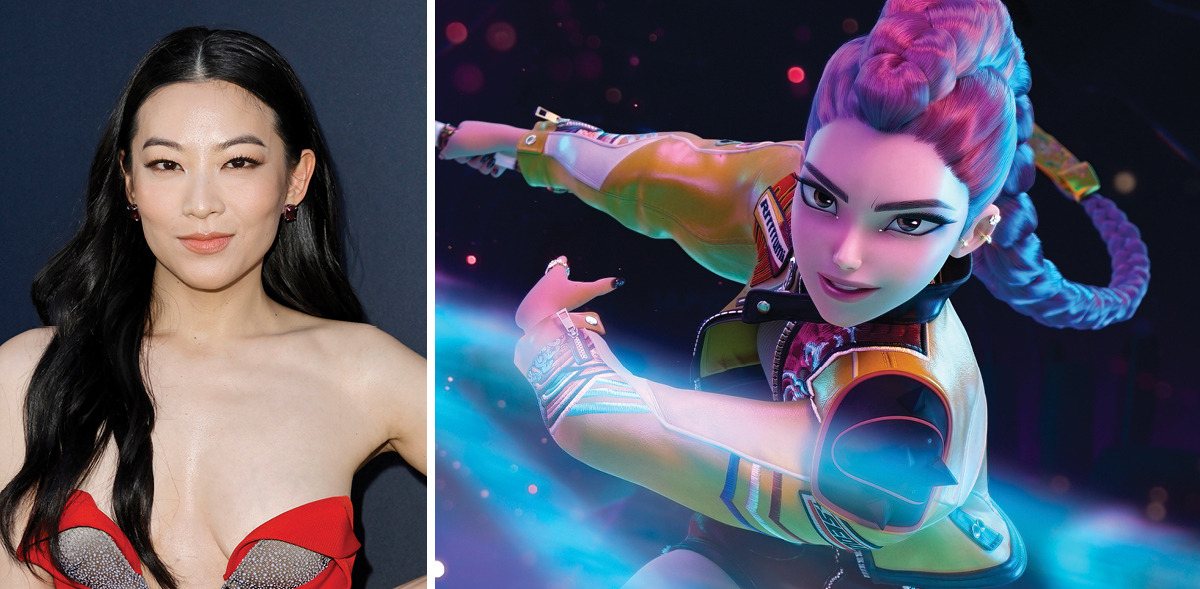 Diptych featuring a headshot of Arden Cho and an animated still of Rumi in ‘Kpop Demon Hunters’