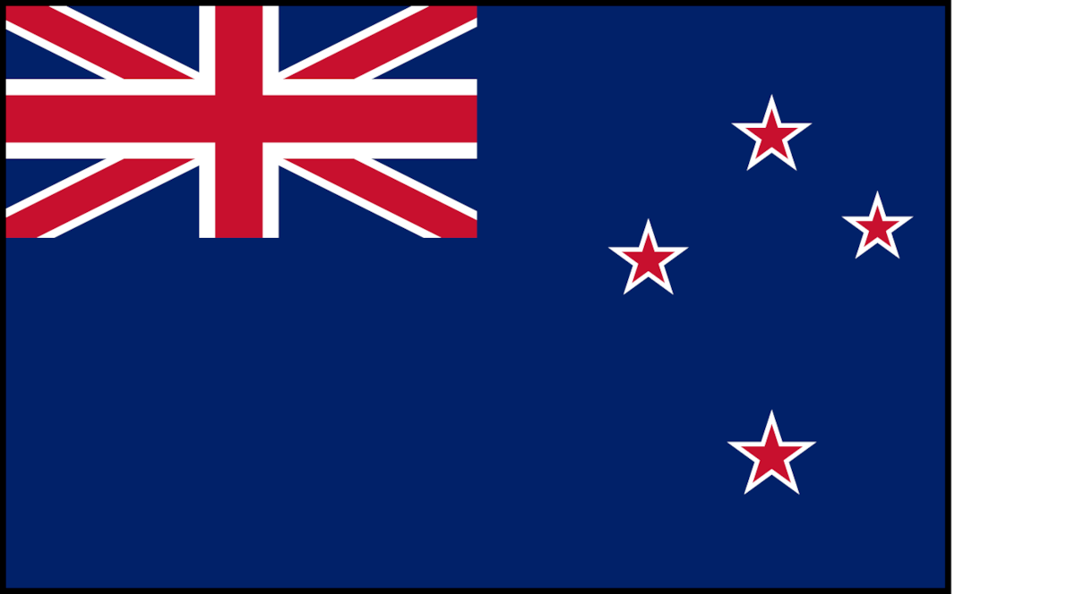 New Zealand flag with blue background, Union Jack in top left corner, and four red stars with white borders symbolizing the Southern Cross constellation.
