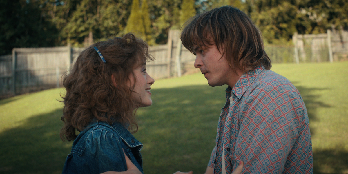Natalia Dyer as Nancy Wheeler and Charlie Heaton as Jonathan Byers in ‘Stranger Things’ Season 4.