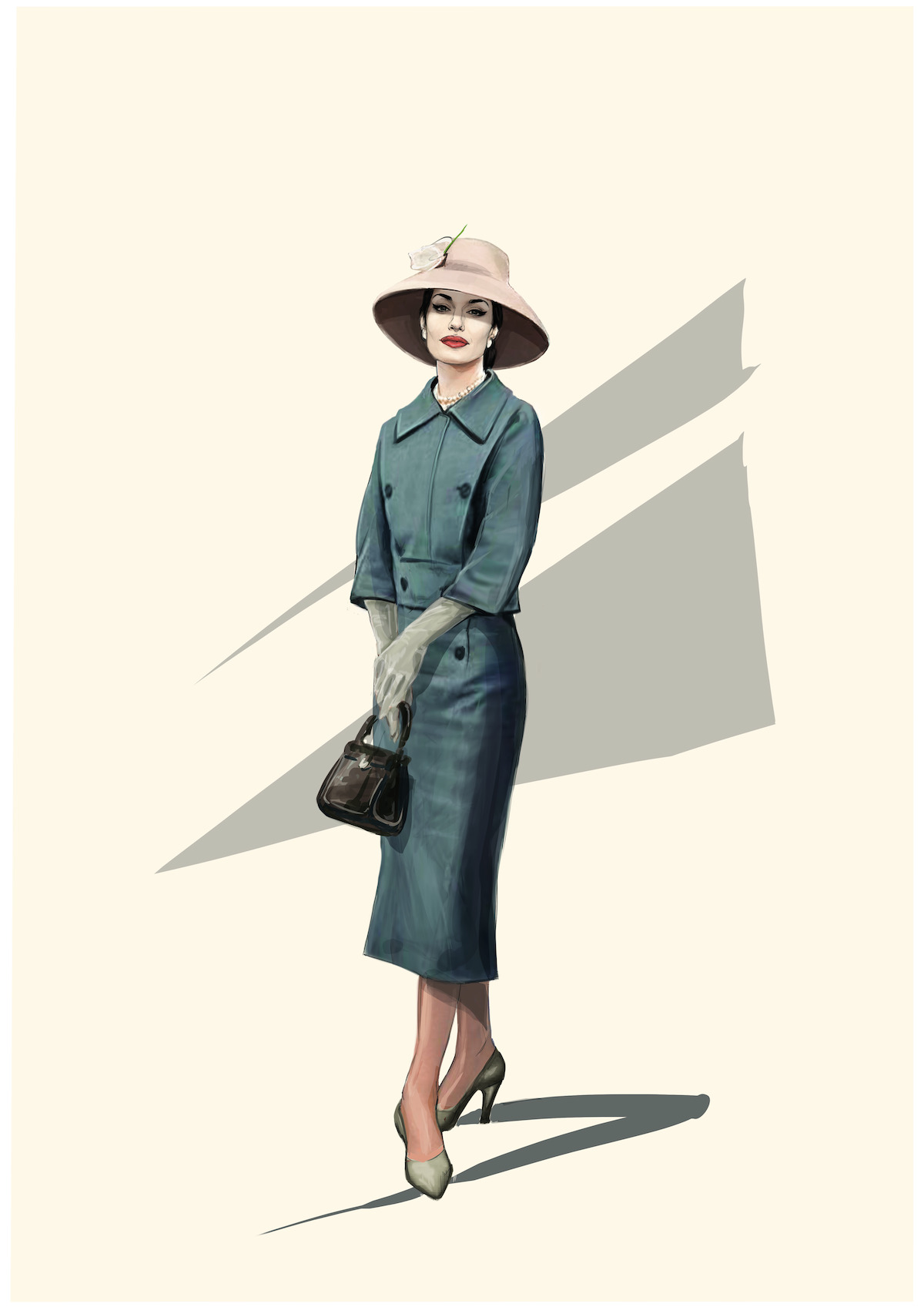 A sketch of Angelina Jolie as Maria Callas. She wears a grey suit that I could only describe as "smart" and a wide-brimmed hat.