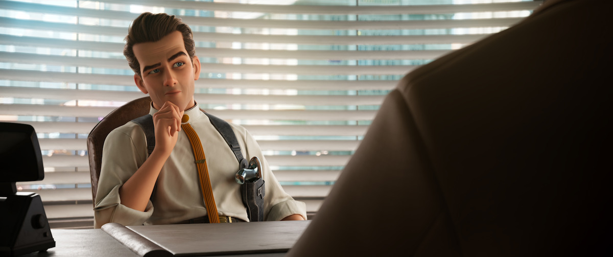 Animated man in a white shirt and yellow tie sits at a desk in an office with blinds, thoughtfully listening to another person whose back is visible in the foreground. Cozy, professional indoor setting with natural light.
