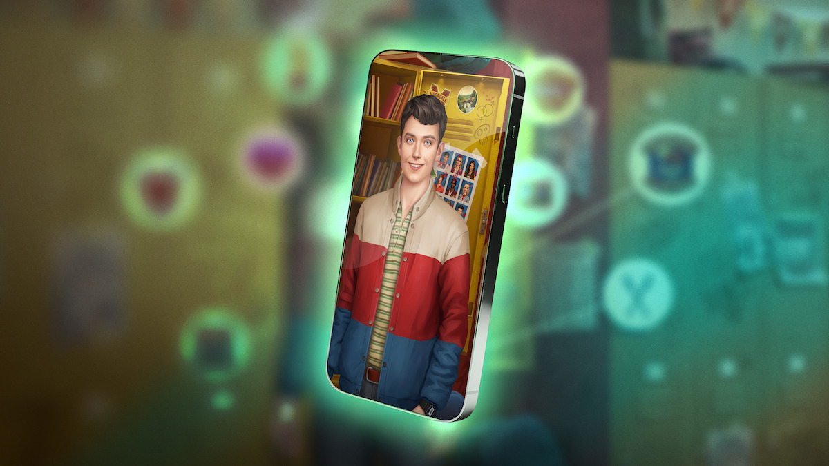 An in-game screenshot from the mobile game ‘Netflix Stories: Sex Education’, embedded within a floating phone screen.