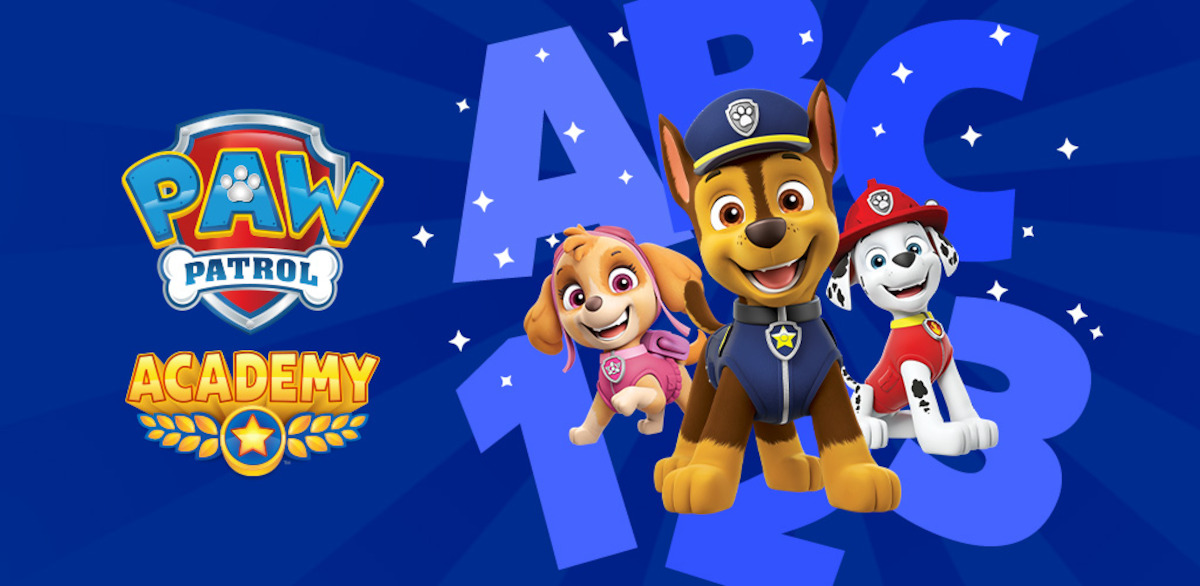 Three animated Paw Patrol characters happily pose in front of large ABC and 123 letters with a blue starry background, evoking a playful, educational, and cheerful mood for young children. Paw Patrol Academy logo is on the left.