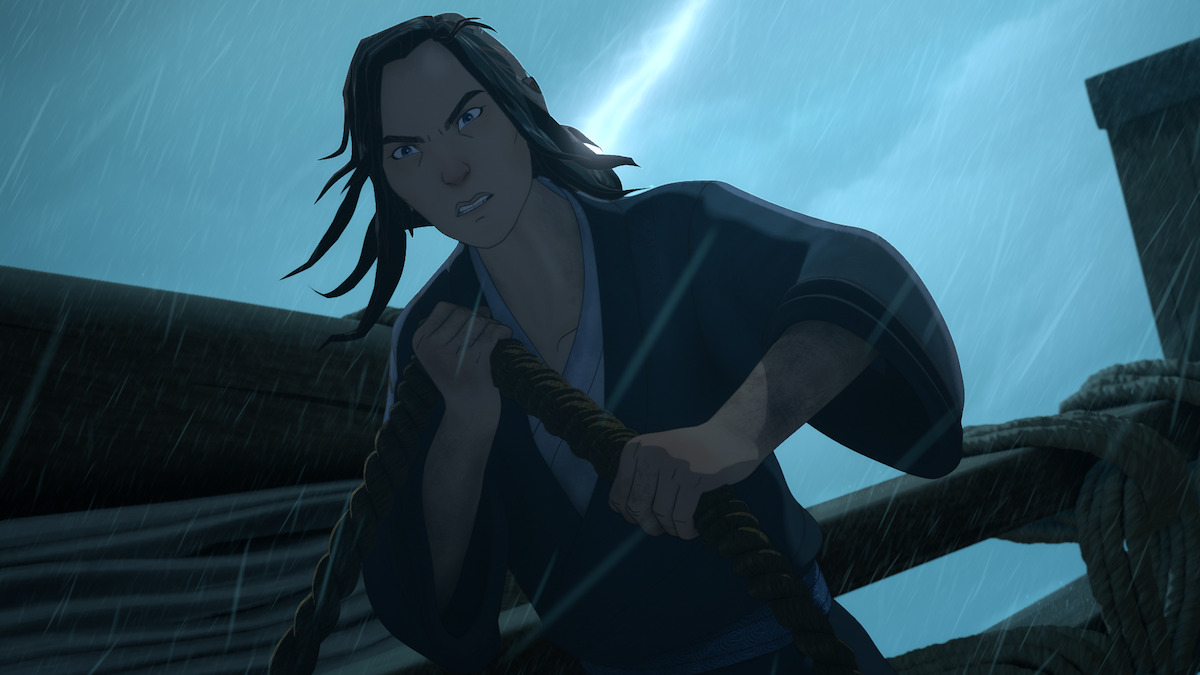 Animated character with long dark hair gripping a rope on a ship during a storm, with rain falling and a lightning bolt illuminating the night sky. The scene conveys tension and urgency in a dramatic, animated nautical setting.
