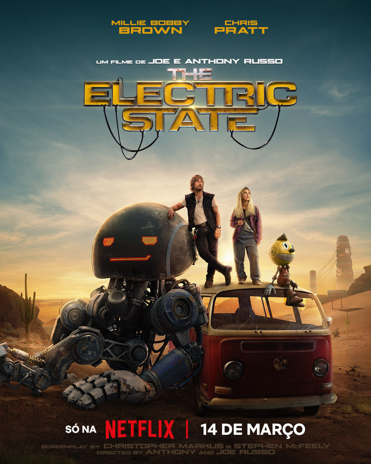 Arte principal de ‘The Electric State’, com Millie Bobby Brown como Michelle e Chris Pratt como Keats