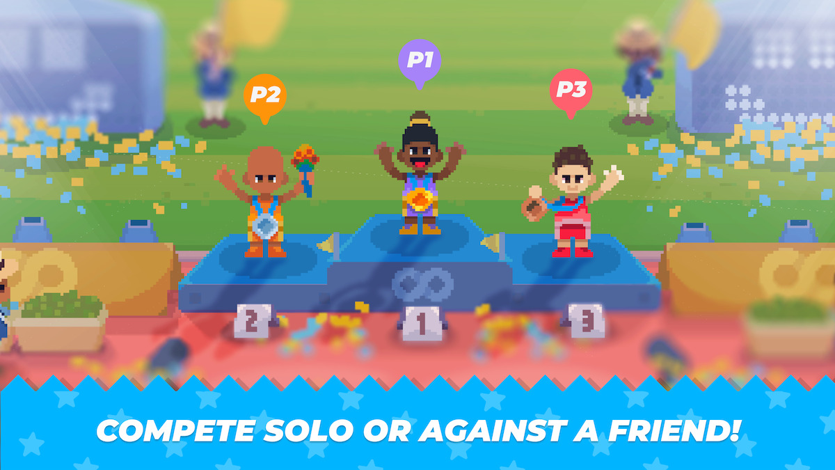 A game scene showing a podium with three athletes in first, second, and third place celebrating their victories. The text “COMPETE SOLO OR AGAINST A FRIEND!” is displayed at the bottom.