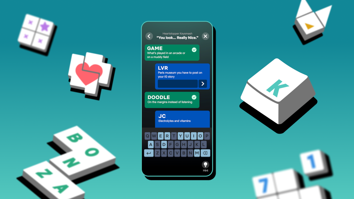 A smartphone displays a word game interface with colorful letter tiles, keys, and symbols floating around it on a teal gradient background, creating a playful and engaging mood.