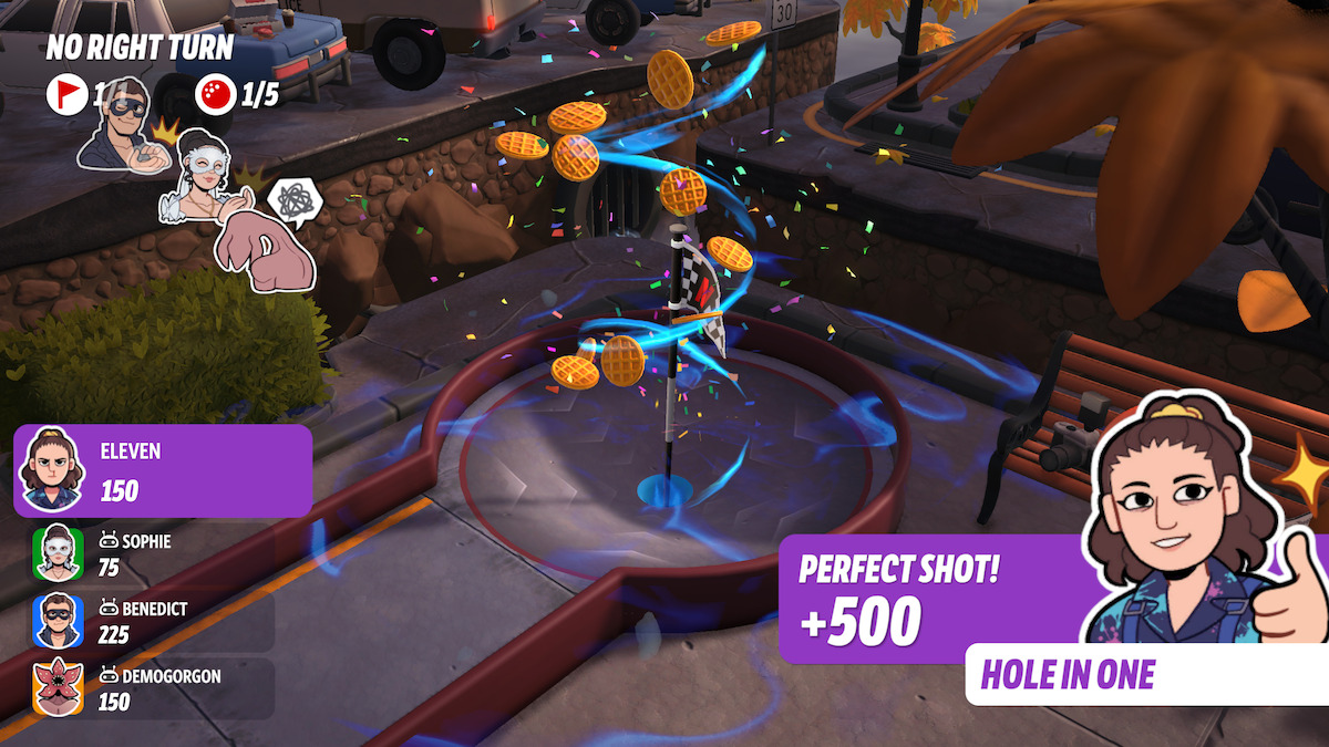 Animated mini-golf game scene showing a player scoring a hole-in-one in a whimsical outdoor course, with scoring effects, cartoon avatars, and waffles flying around, plus leaderboard on the left and celebratory graphics on the right.