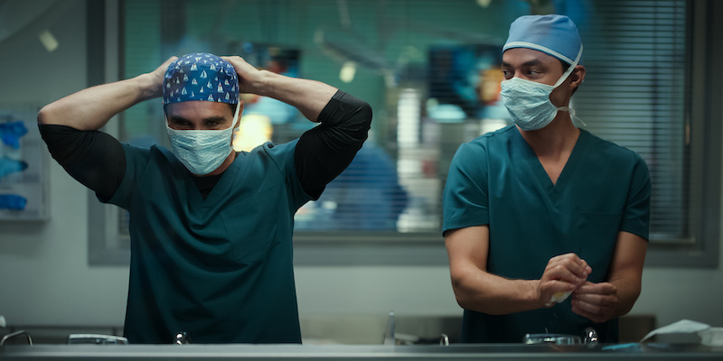 Néstor Carbonell as Dr. Ruben Soriano and Jack Bannon as Tom Cole in 'Pulse.'