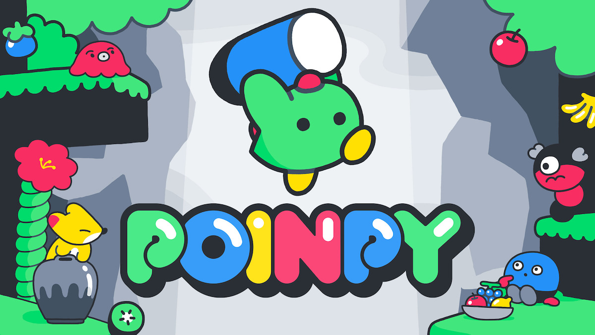 Poinpy key art - Poinpy holding a cylinder while surrounded by other characters from the game.