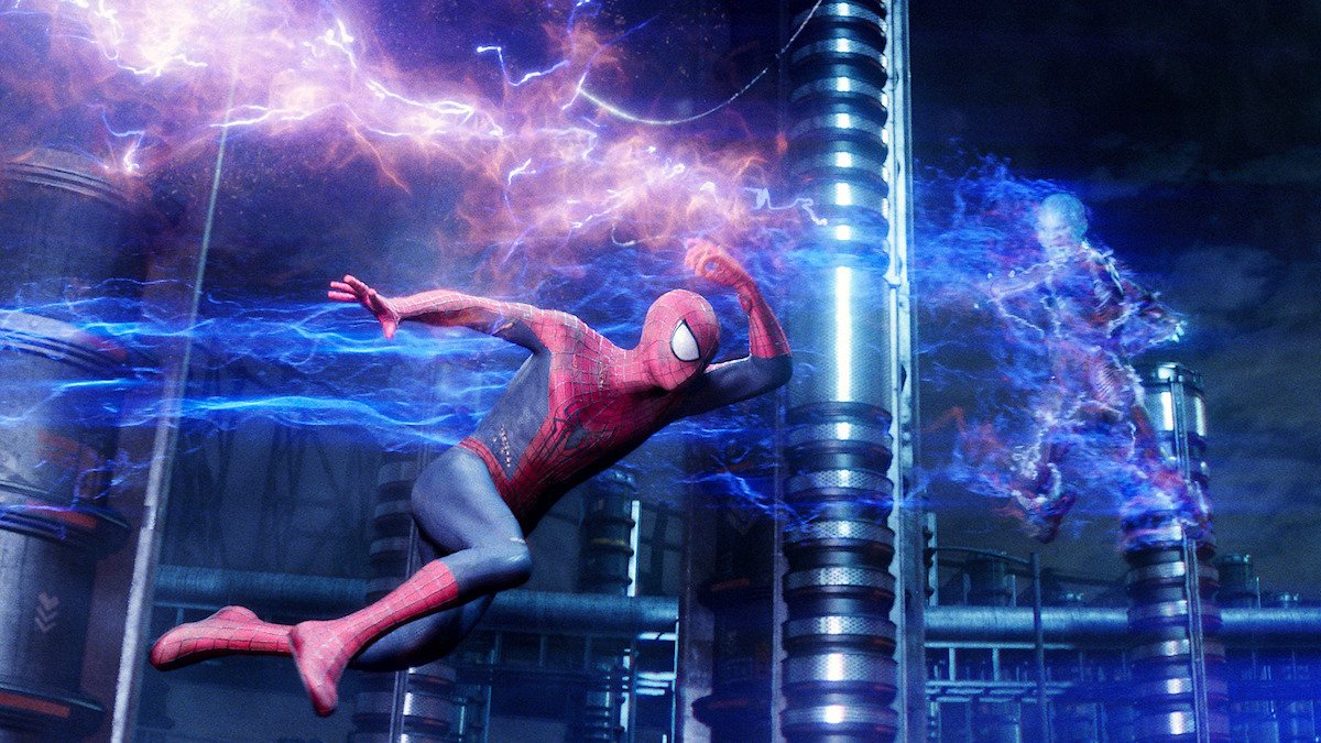 Andrew Garfield as Spiderman fights an opponent in ‘The Amazing Spider-Man.’