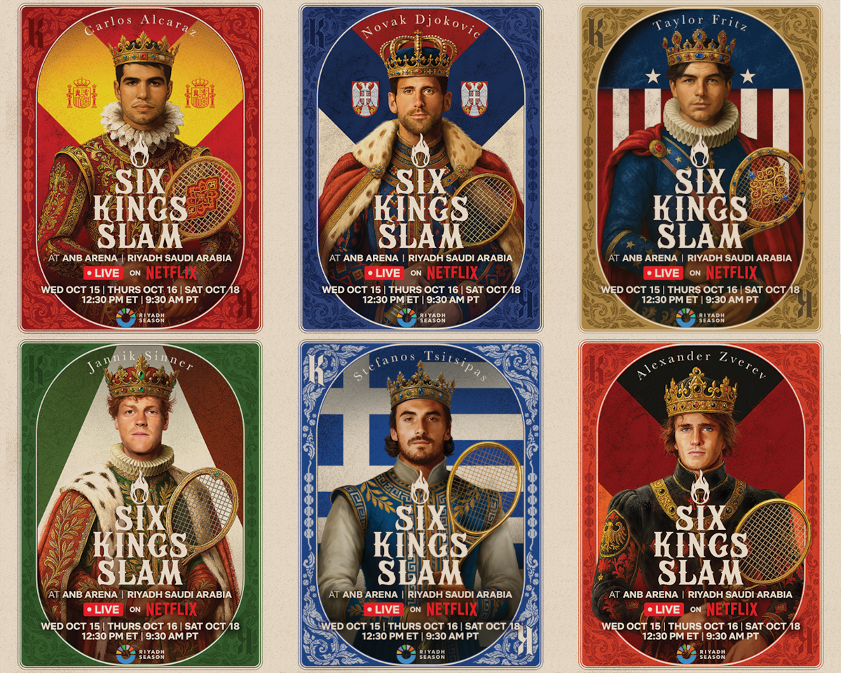Character key art for the ‘Six Kings Slam’ featuring Novak Djokovic, Carlos Alcaraz, Jannik Sinner, Stefanos Tsitsipas, Alexander Zverev, and Taylor Fritz.