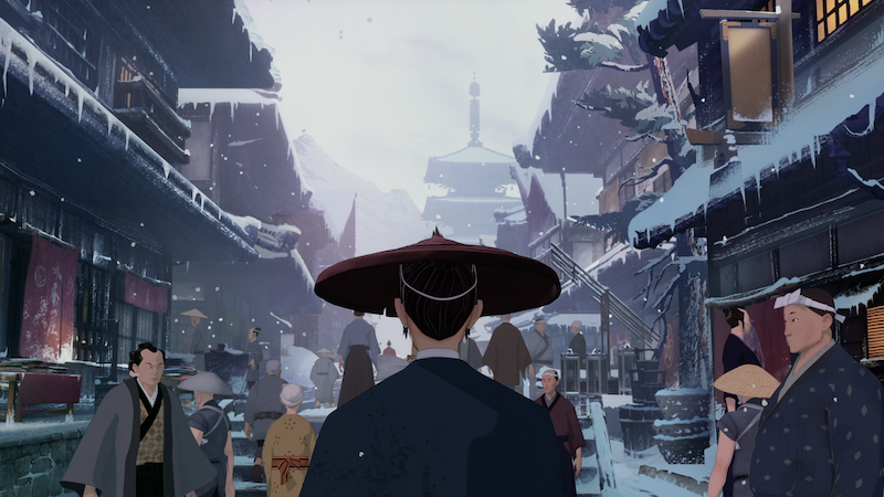 View from behind as Mizu enters Kyoto, Japan.