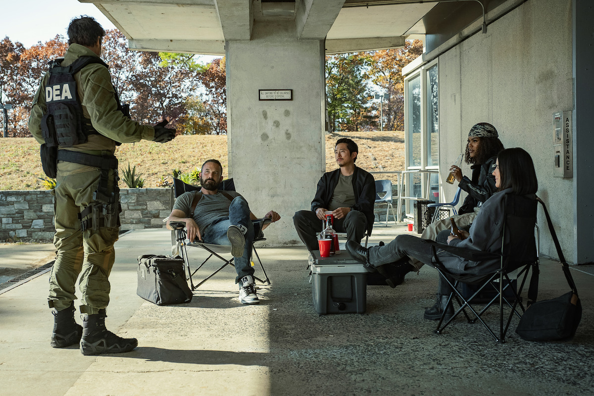 Kyle Chandler as DEA Agent Mateo 'Matty' Nix, Ben Affleck as Detective Sergeant J.D. Byrne, Steven Yeun as Detective Mike Ro, Teyana Taylor as Detective Numa Baptiste and Catalina Sandino Moreno as Detective Lolo Salazar in ‘The Rip.’