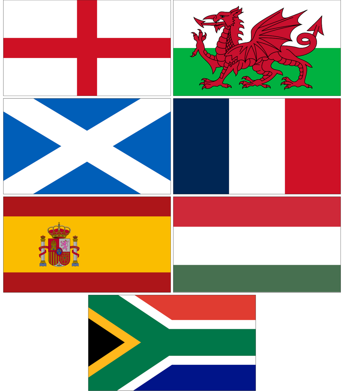 Collage of the English, Welsh, Scottish, French, Spanish, Hungarian, and South African flags