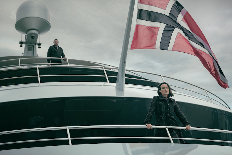 Keira Knightley as Lo and John Macmillan as Captain Addis in 'The Woman in Cabin 10.' 