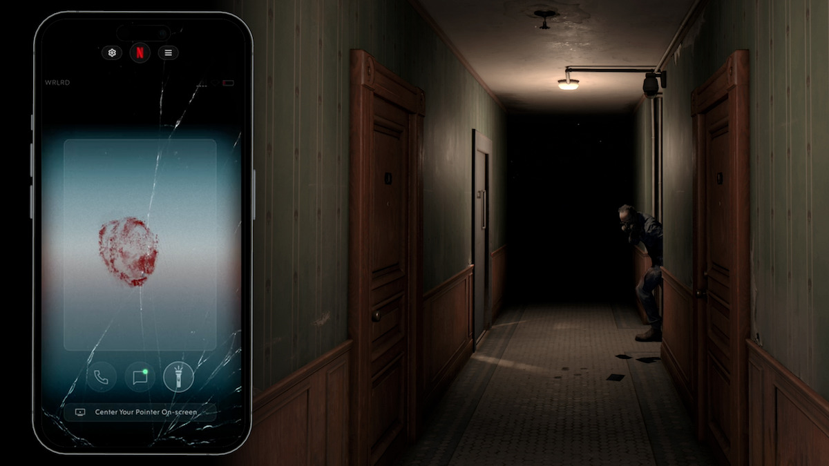 A cracked smartphone showing a bloody fingerprint is in the foreground, while a dimly lit, eerie hallway with closed doors and a masked figure lurking in the background creates a suspenseful, horror atmosphere.