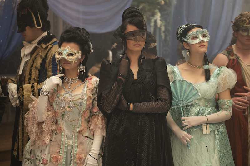 Michelle Mao as Rosamund Li, Katie Leung as Lady Araminta Gao, and Isabella Wei as Posy Li in 'Bridgerton' Season 4.