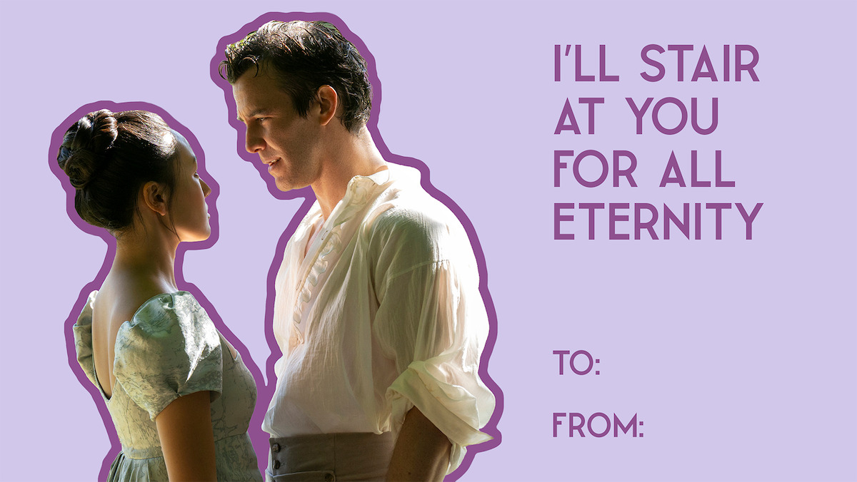 A man and woman in vintage clothing face each other closely on a purple background with the text “I’LL STAIR AT YOU FOR ALL ETERNITY” and spaces labeled “TO:” and “FROM:” for a valentine card.