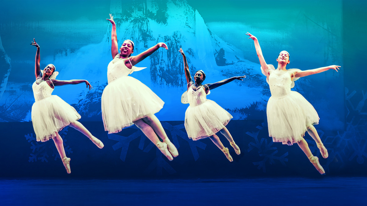 Four ballerinas on stage in 'Dance Dreams: Hot Chocolate Nutcracker'.