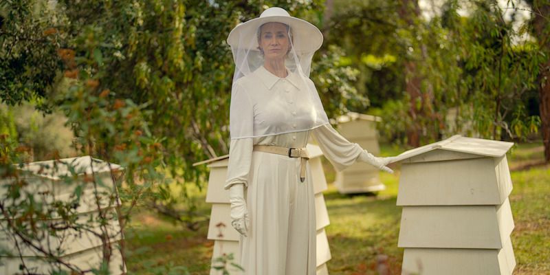 Janet McTeer as Hera wears a beekeeping hat in Season 1 of ‘Kaos’