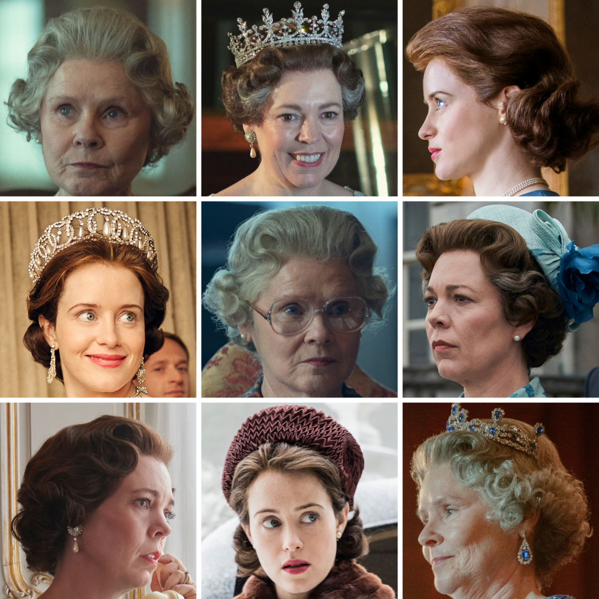 Collage of 9 photos showing the various wigs worn by Queen Elizabeth on ‘The Crown’