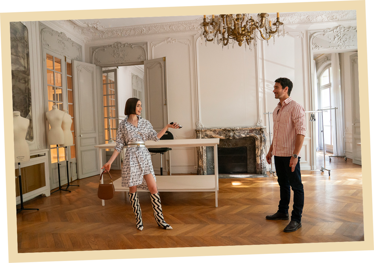 Lily Collins as Emily and Eugenio Franceschini as Marcello in ‘Emily in Paris’ Season 5.