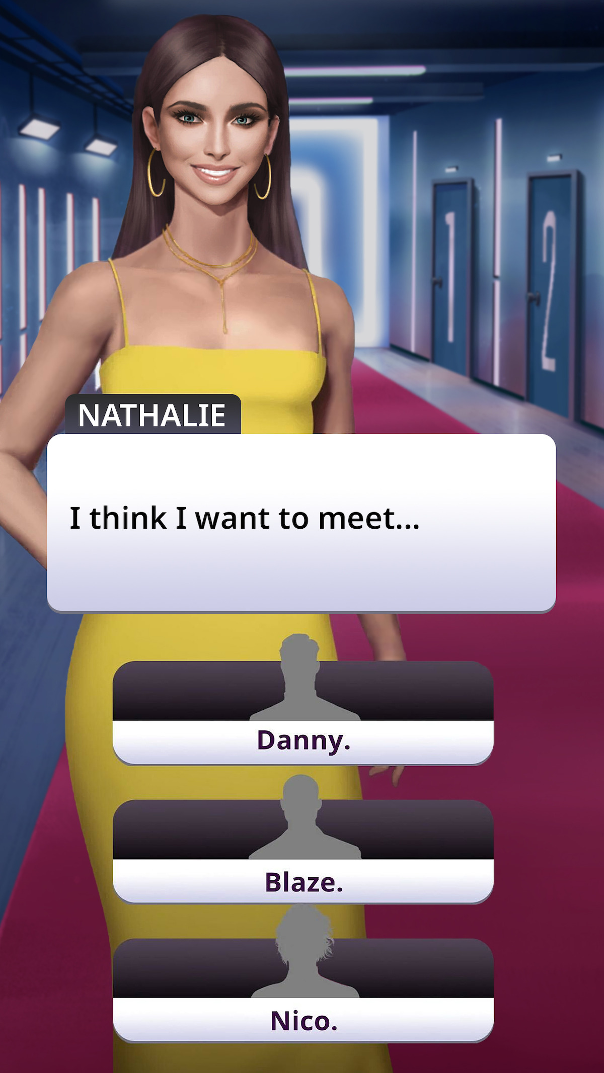 An in-game screenshot from the mobile game ‘Netflix Stories: Love Is Blind’, featuring a female game character named Natalie. There is a text bubble below that reads “I think I want to meet…” with three text bubble options below: Danny, Blaze, and Nico.
