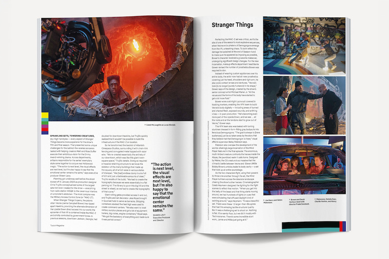 Magazine spread featuring behind-the-scenes photos and text about the TV show Stranger Things, including an actor in a sci-fi set, a dance scene, a filming discussion, and four characters in a car.